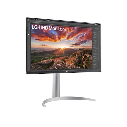 LG 27UP850K 실제 제품 사진. 은색 높이 조절 스탠드의 모니터.